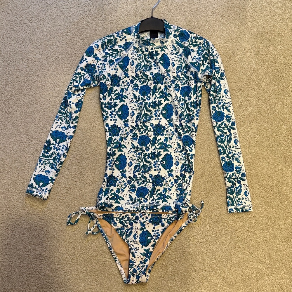 J. Crew Blue Floral Long Sleeve Rashguard and Bikini Bottom Swimsuit
